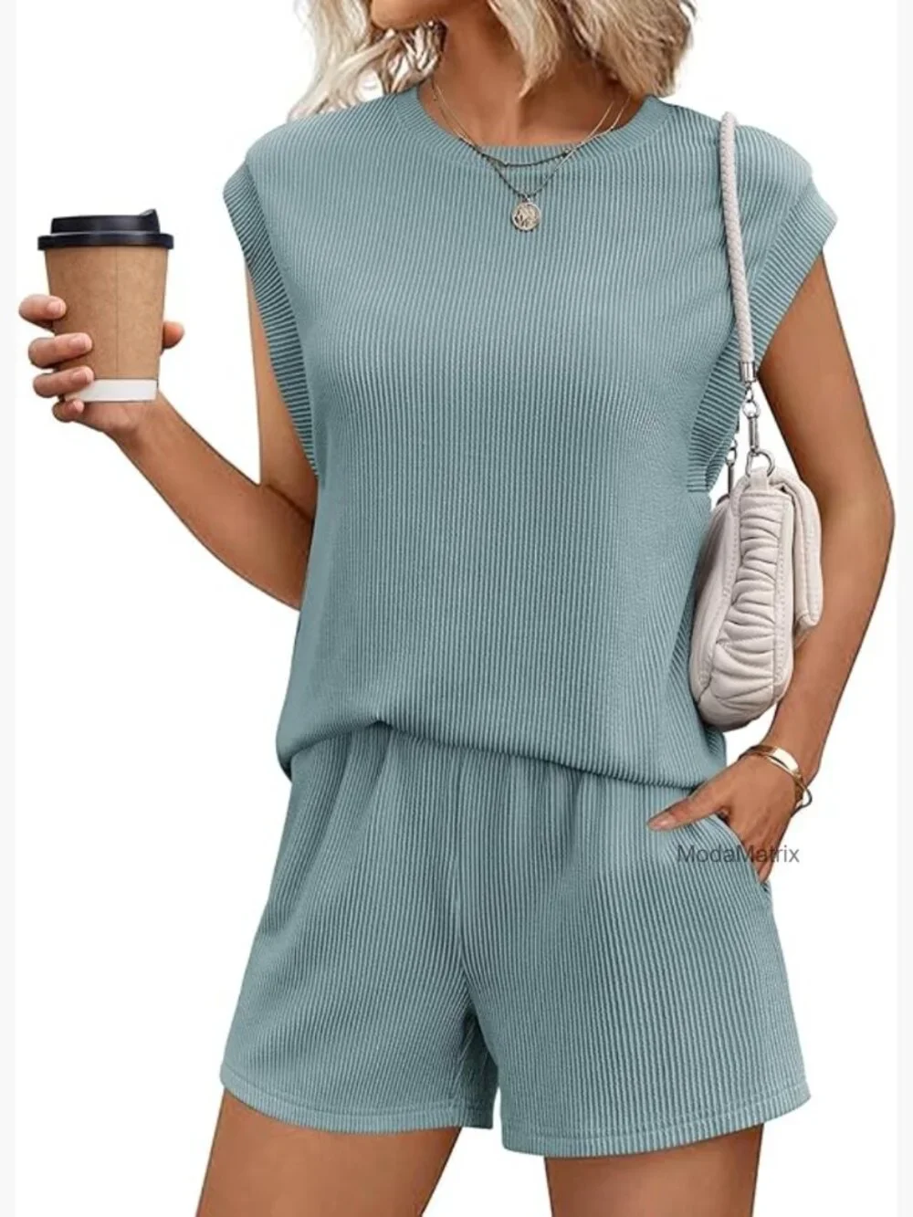 Two Piece Lounge Set Crew Neck Cap Sleeve Shorts with Pockets